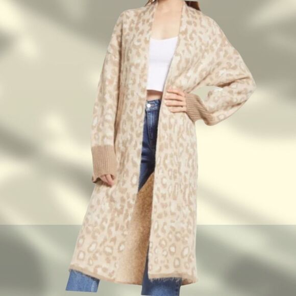 NWOT TOPSHOP Leopard Print Longline Open Front Cardigan -Size Small - Cream/Tan - Picture 1 of 8